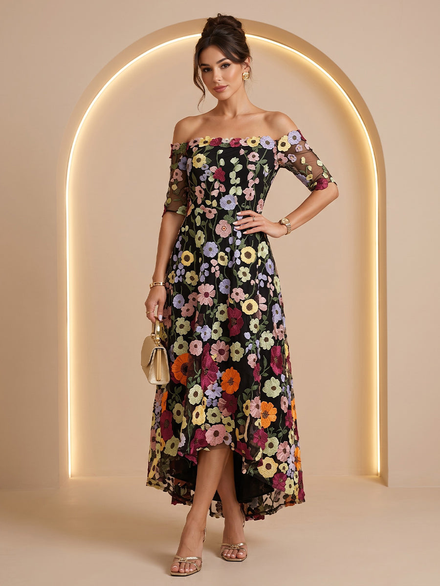 Laces A Line Off the Shoulder Ankle Length High Low Floral Cocktail Dresses