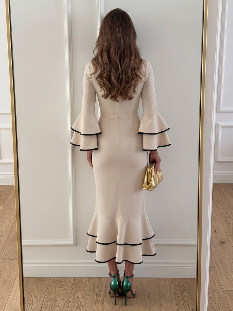 Satin Sheath Round Neck Ankle Length Tiered Cocktail Dresses