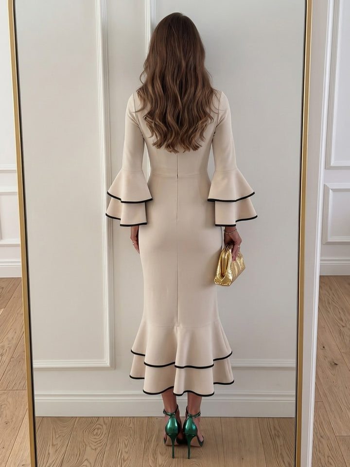 Satin Sheath Round Neck Ankle Length Tiered Cocktail Dresses