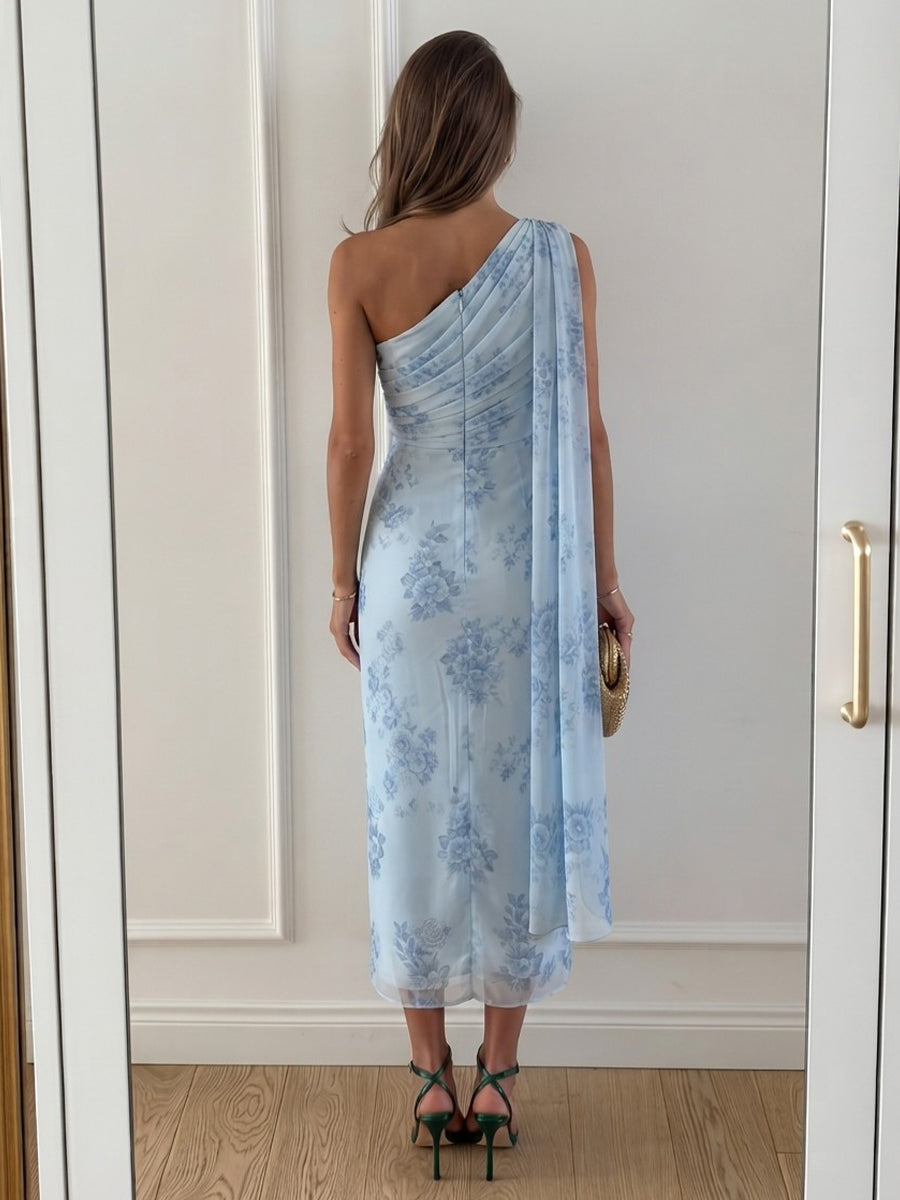 Tulle Sheath One Shoulder Ankle Length Sash Cocktail Dresses