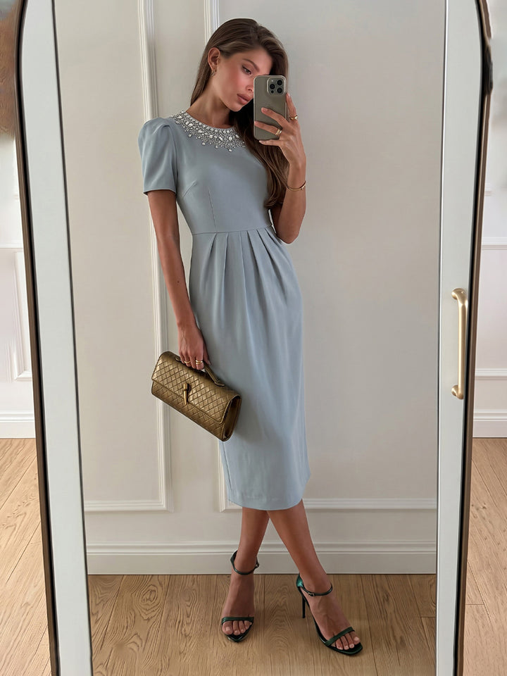 Satin Sheath Round Neck Tea Length Beading Cocktail Dresses