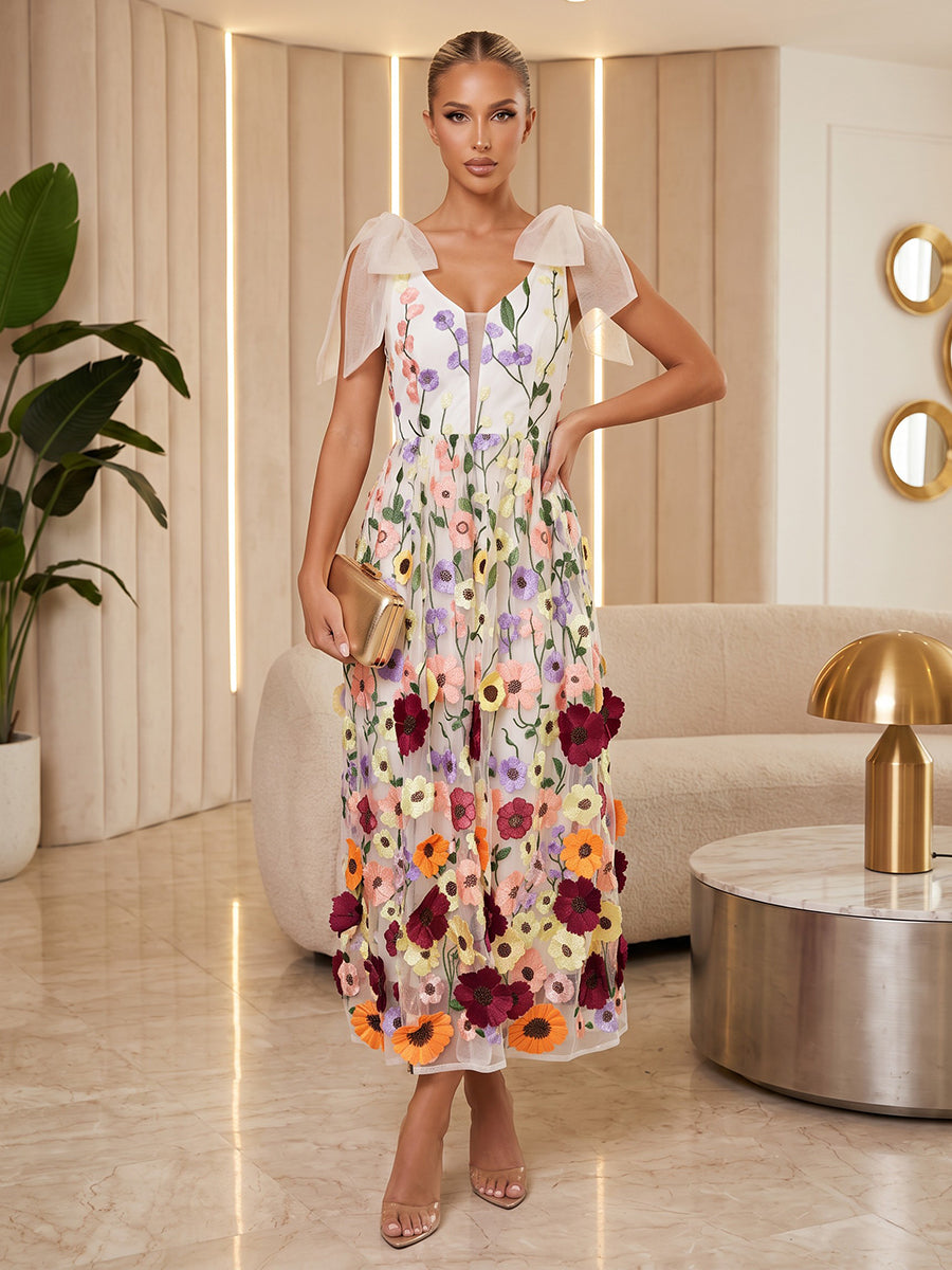 Lace Appliques Sheath V Neck Ankle Length Floral Embroidery Cocktail Dresses