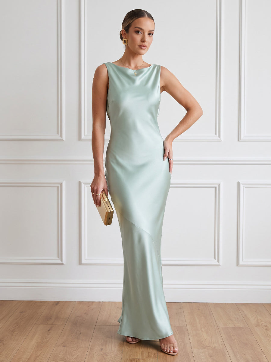 Satin Sheath Boat Neck Ankle Length Simple Cocktail Dresses