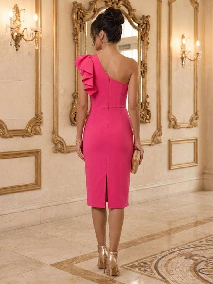 Satin Sheath One Shoulder Tea Length Ruffles Sleeves Cocktail Dresses