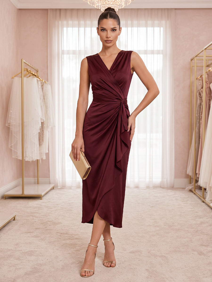 Satin Sheath V Neck Tea Length Ruffles Cocktail Dresses