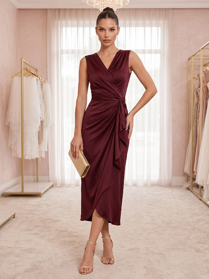 Satin Sheath V Neck Tea Length Ruffles Cocktail Dresses