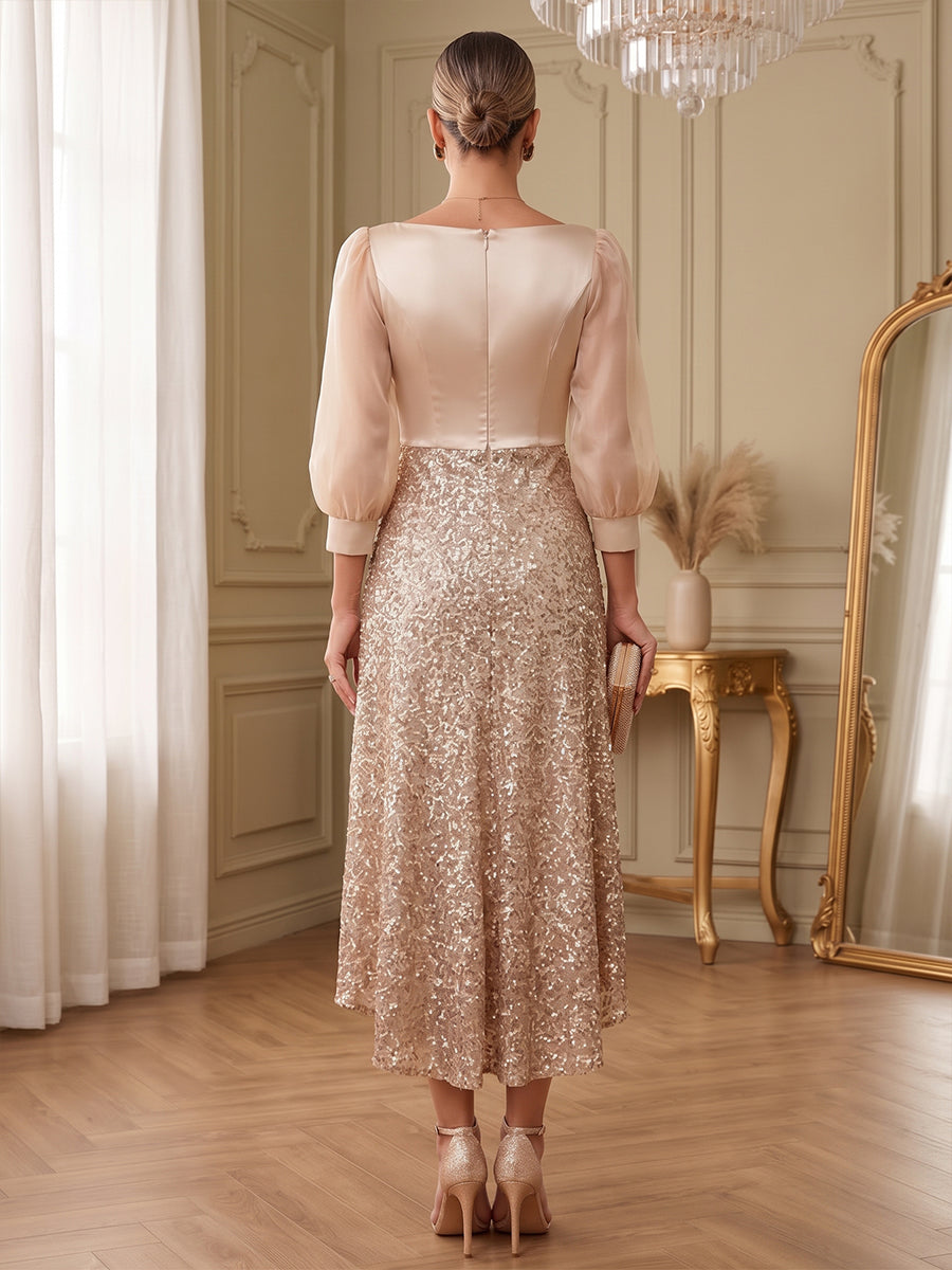 Sequin Sheath Round Neck Tea Length Glitter Cocktail Dresses