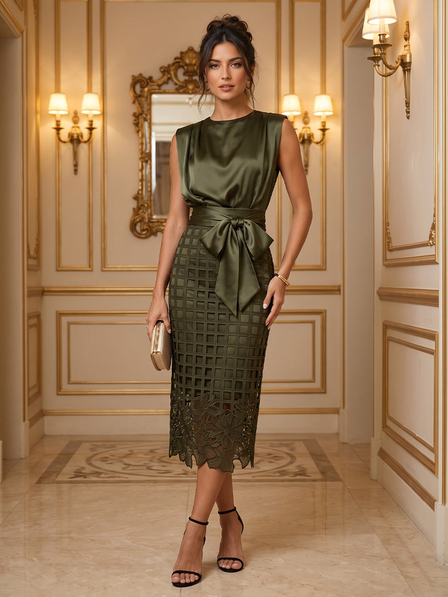 Satin Sheath Round Neck Tea Length Simple Cocktail Dresses