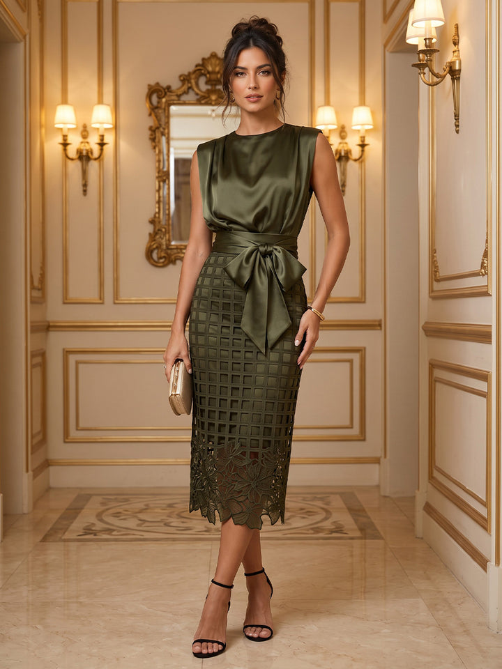 Satin Sheath Round Neck Tea Length Simple Cocktail Dresses