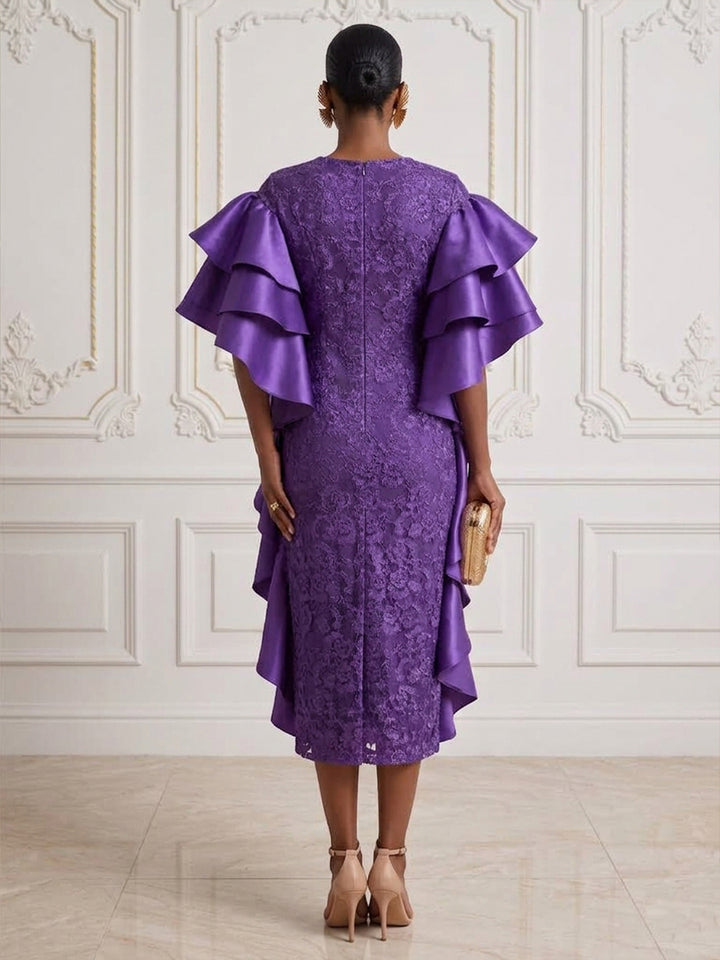 Lace Appliques Sheath Round Neck Ankle Length Ruffles Cocktail Dresses