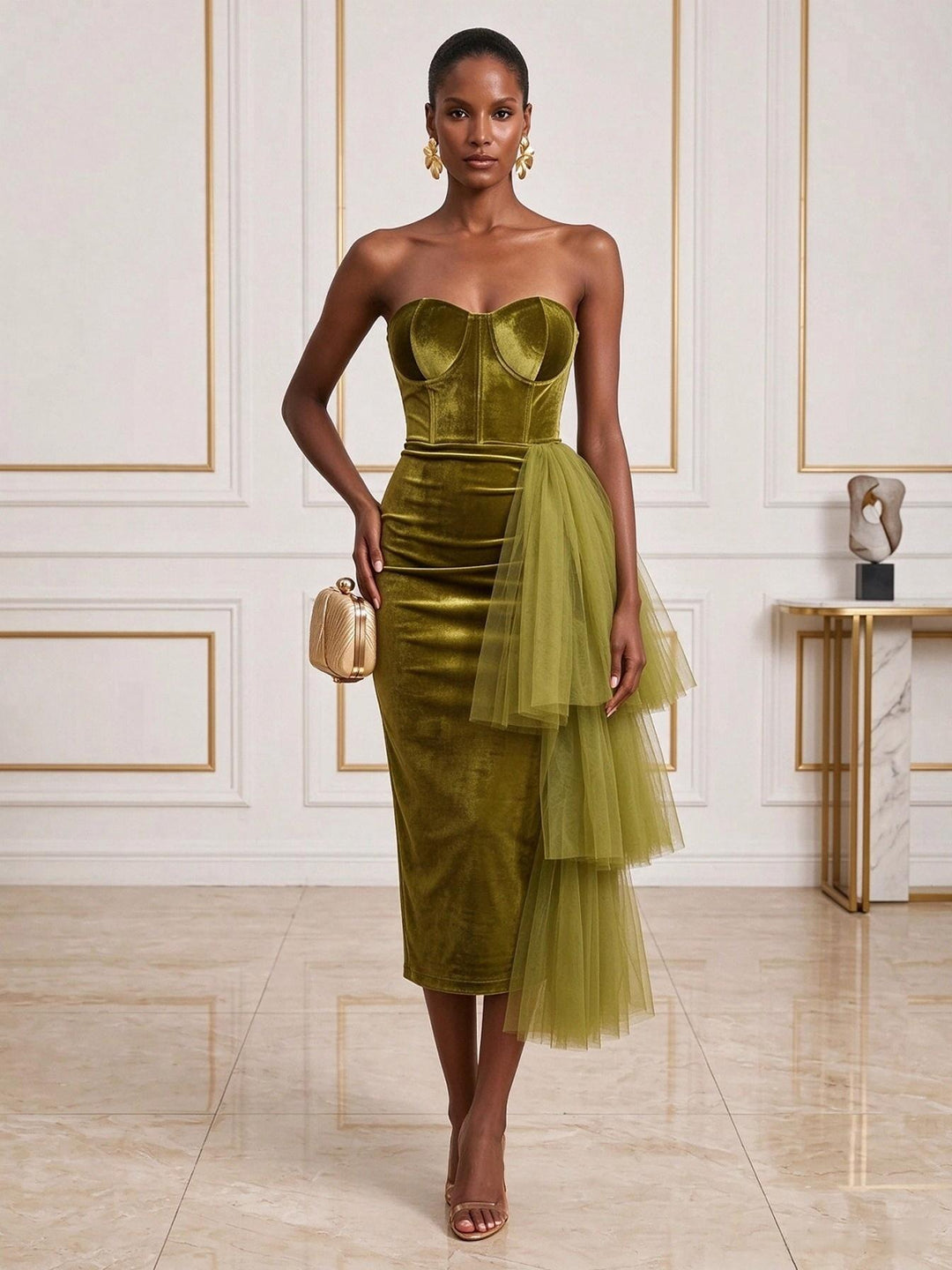 Velvet Sheath Strapless Tea Length Tiered Cocktail Dresses
