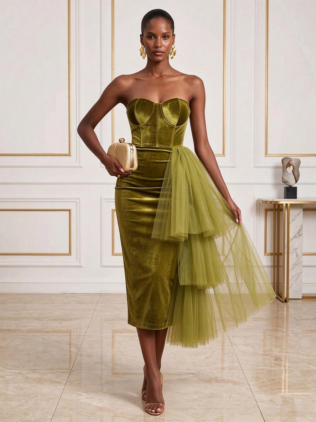 Velvet Sheath Strapless Tea Length Tiered Cocktail Dresses