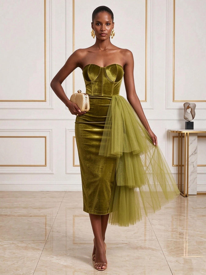 Velvet Sheath Strapless Tea Length Tiered Cocktail Dresses