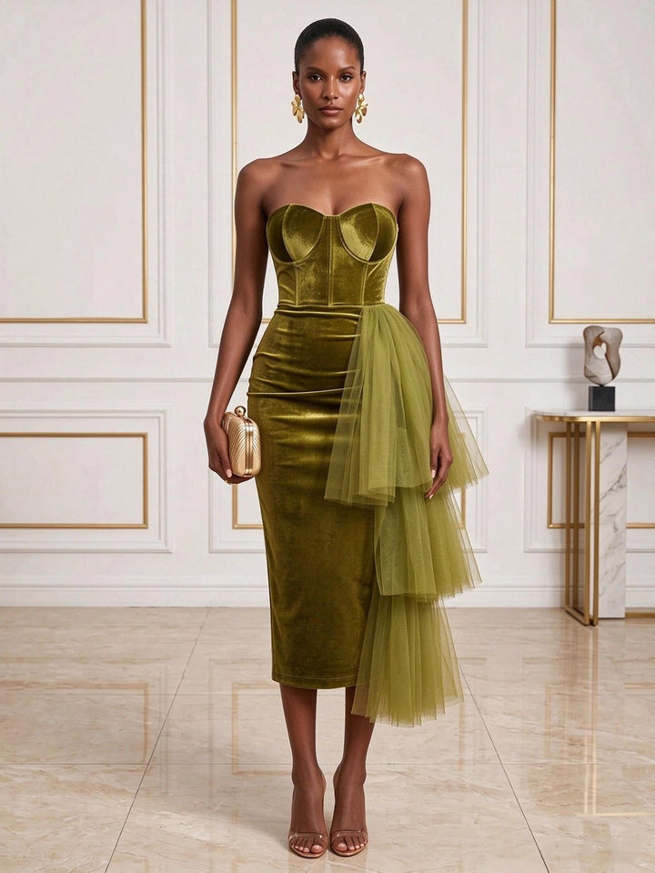 Velvet Sheath Strapless Tea Length Tiered Cocktail Dresses