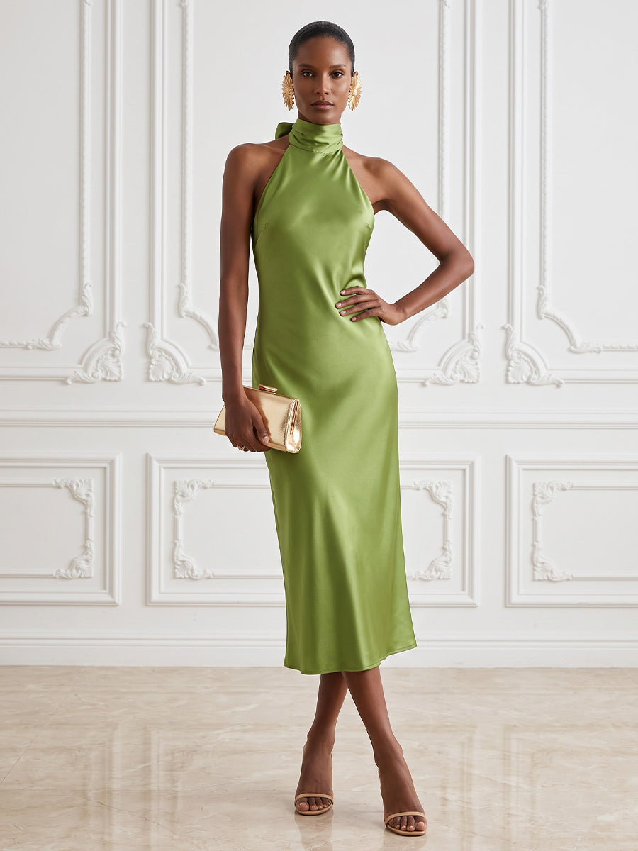 Satin Sheath Halter Tea Length Simple Cocktail Dresses