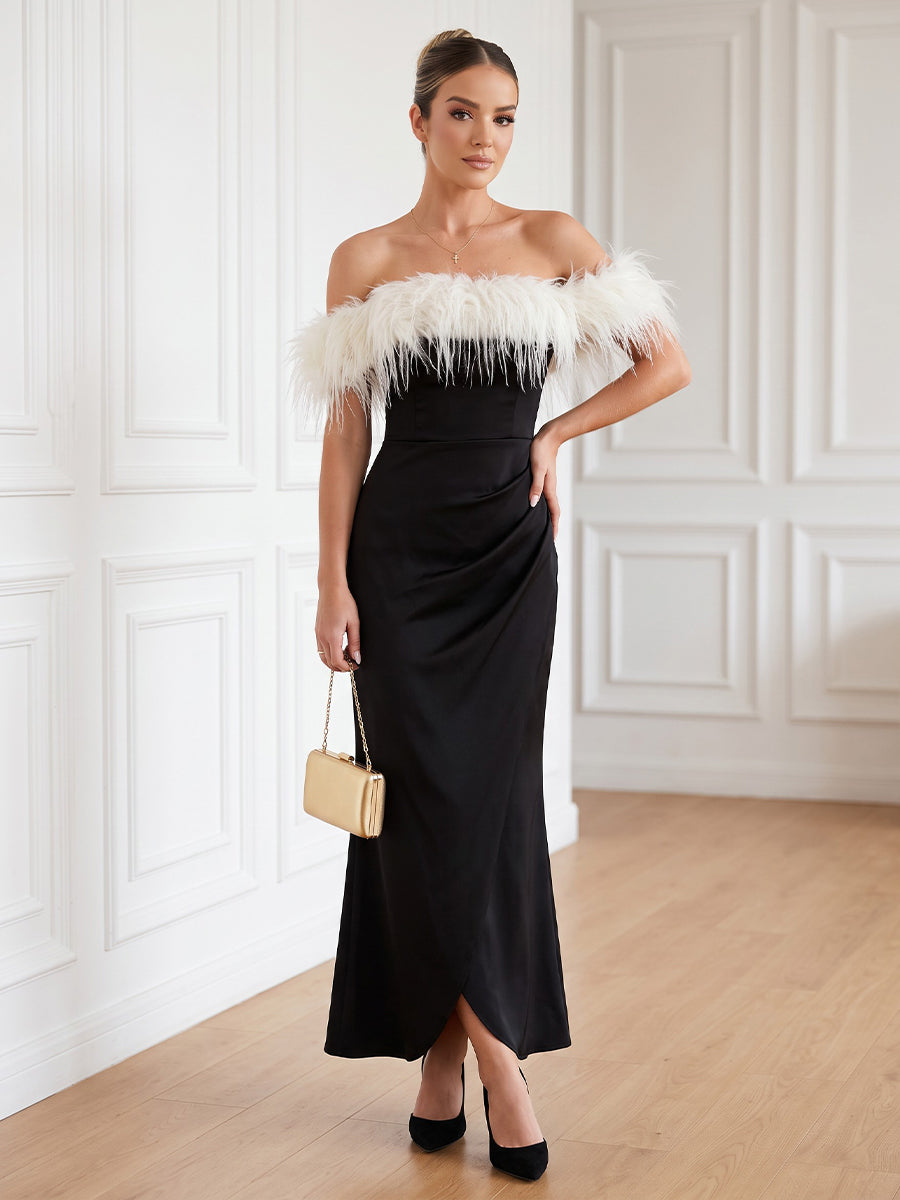 Satin Sheath Off the Shoulder Ankle Length Feather Cocktail Dresses