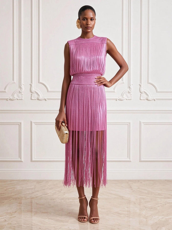Satin Sheath Round Neck Tea Length Tassels Cocktail Dresses