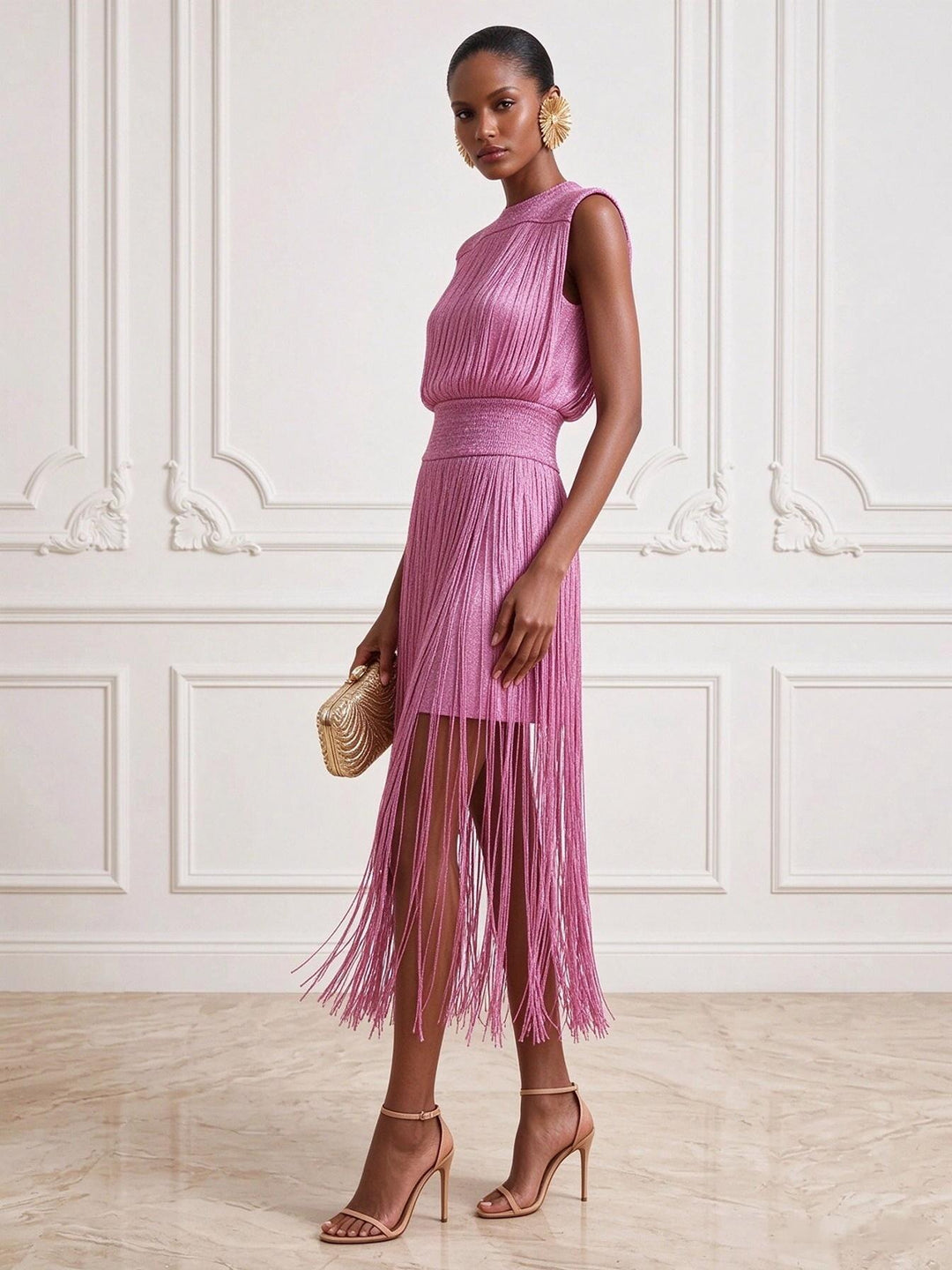 Satin Sheath Round Neck Tea Length Tassels Cocktail Dresses