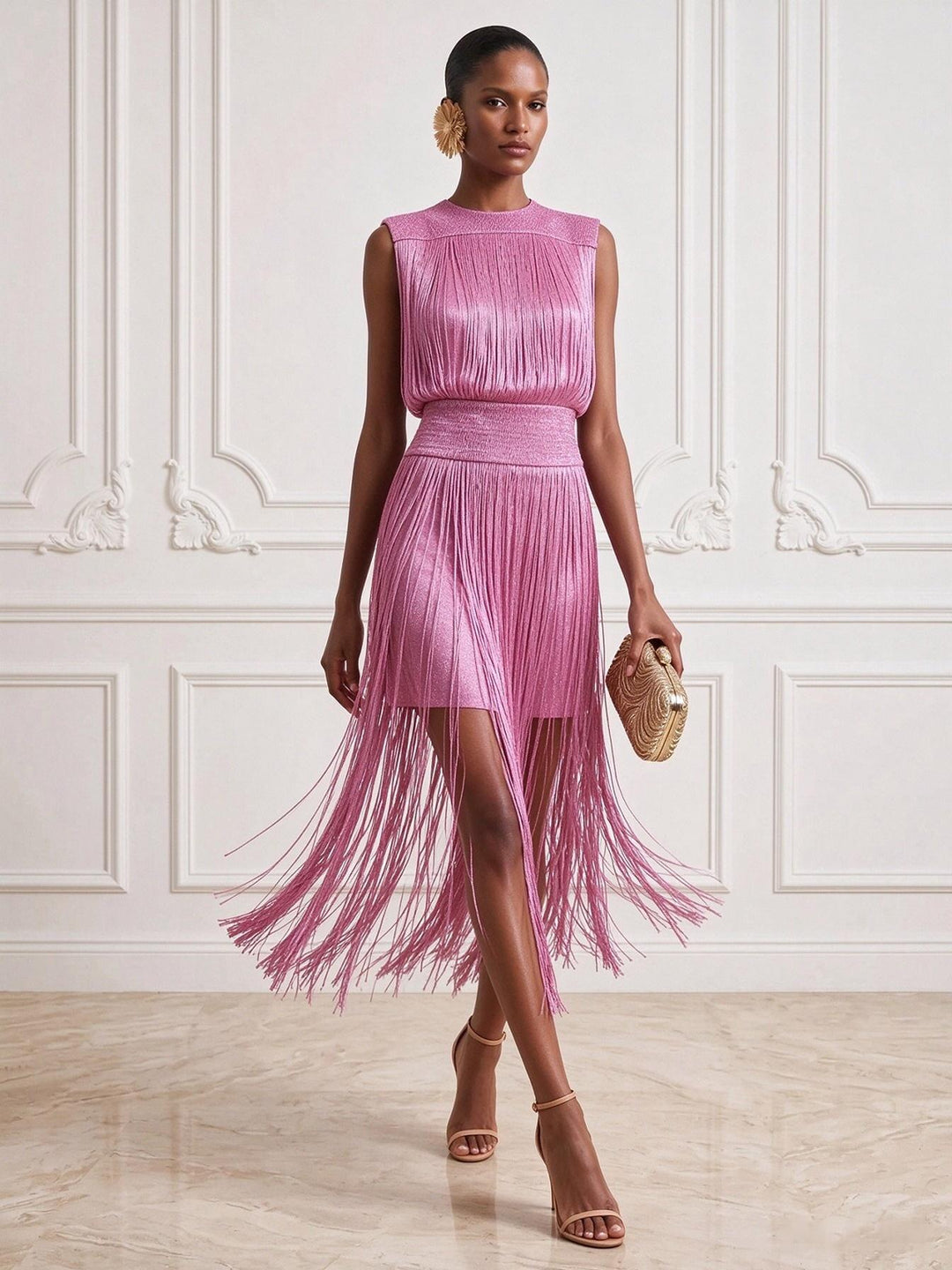 Satin Sheath Round Neck Tea Length Tassels Cocktail Dresses