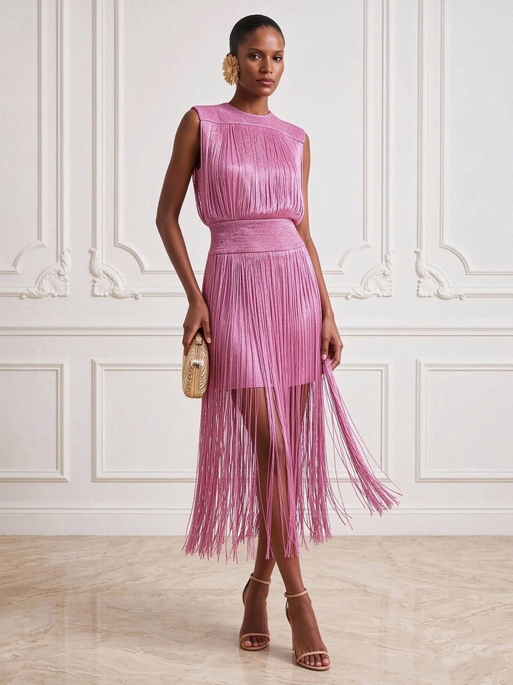 Satin Sheath Round Neck Tea Length Tassels Cocktail Dresses
