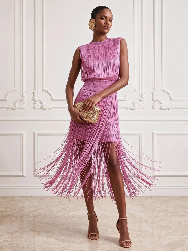 Satin Sheath Round Neck Tea Length Tassels Cocktail Dresses