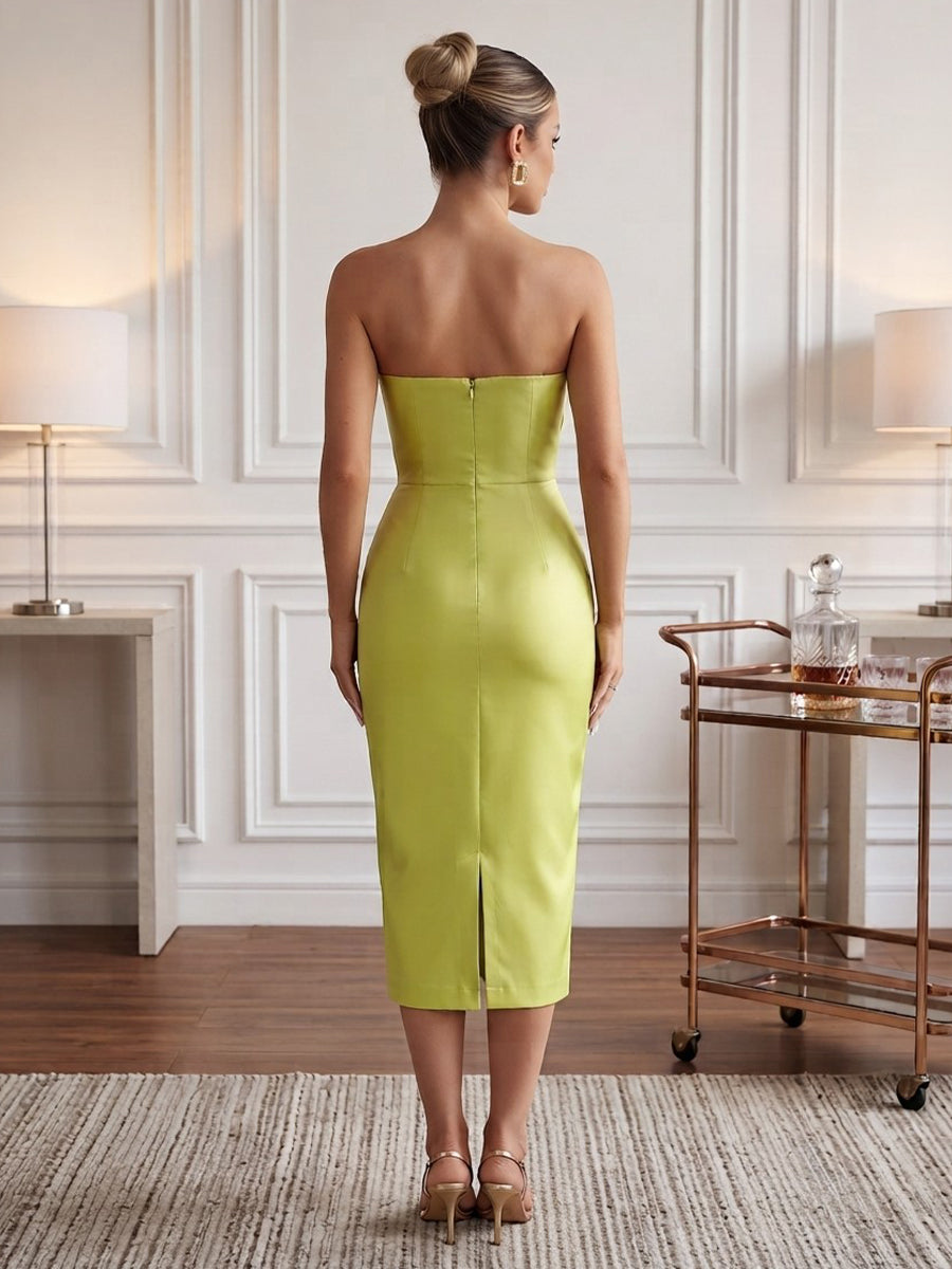 Satin Sheath Strapless Tea Length Fitted Bodycon Cocktail Dresses