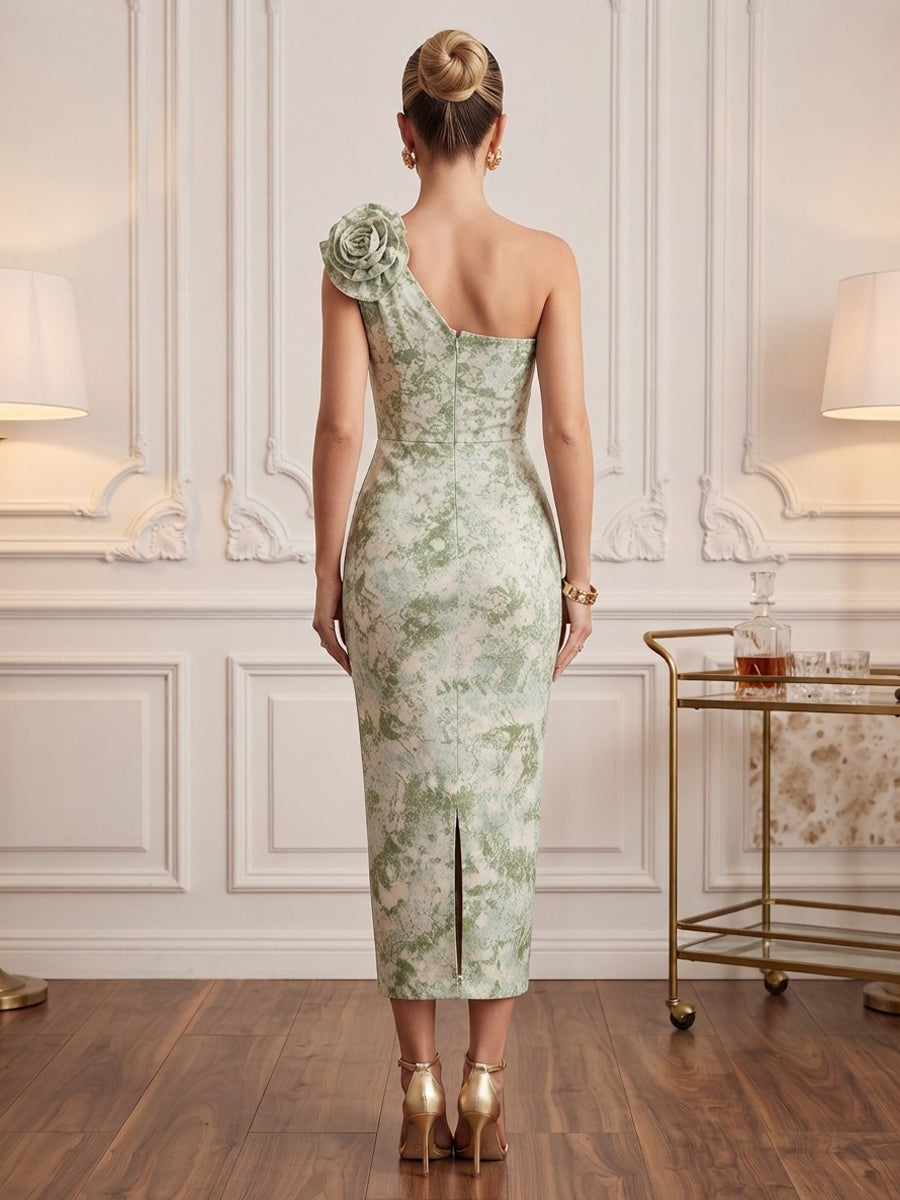 Satin Sheath One Shoulder Tea Length Floral Print Cocktail Dresses