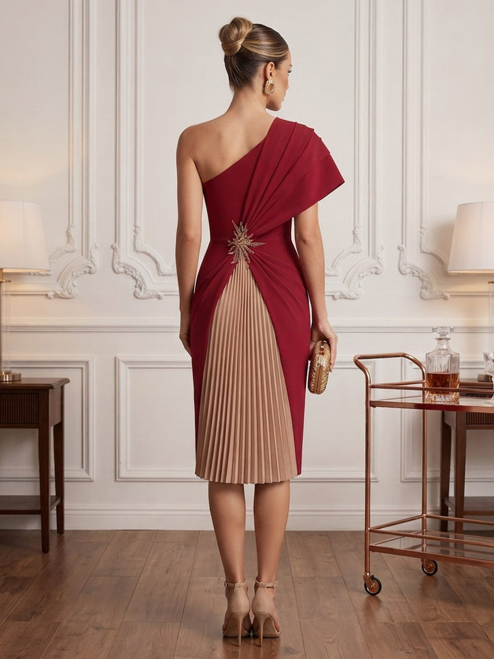 Satin Sheath One Shoulder Tea Length Pleats Cocktail Dresses