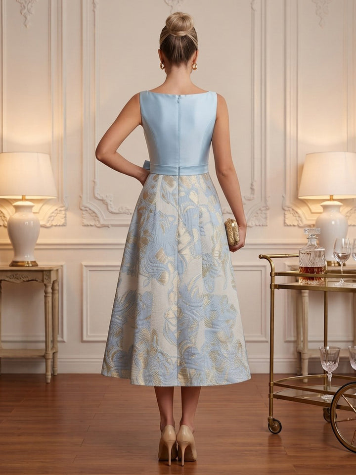 Satin Jacquard A Line Jewel Neck Tea Length Floral Cocktail Dresses