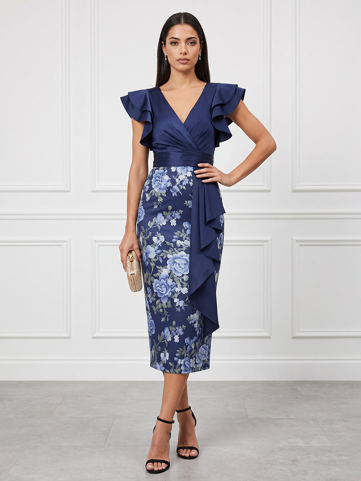 Satin Sheath V Neck Tea Length Ruffles Cocktail Dresses