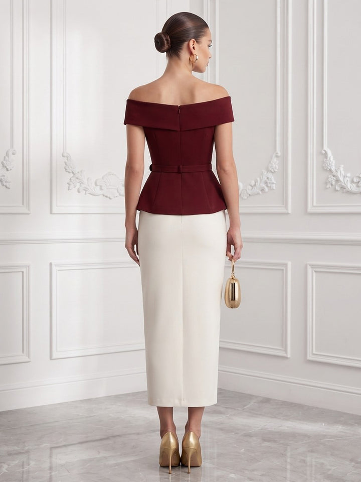 Satin Sheath Off the Shoulder Tea Length Color Blocked Cocktail Dresses