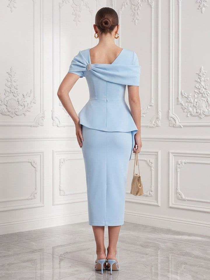 Satin Sheath Round Neck Tea Length Peplum Bodice Cocktail Dresses