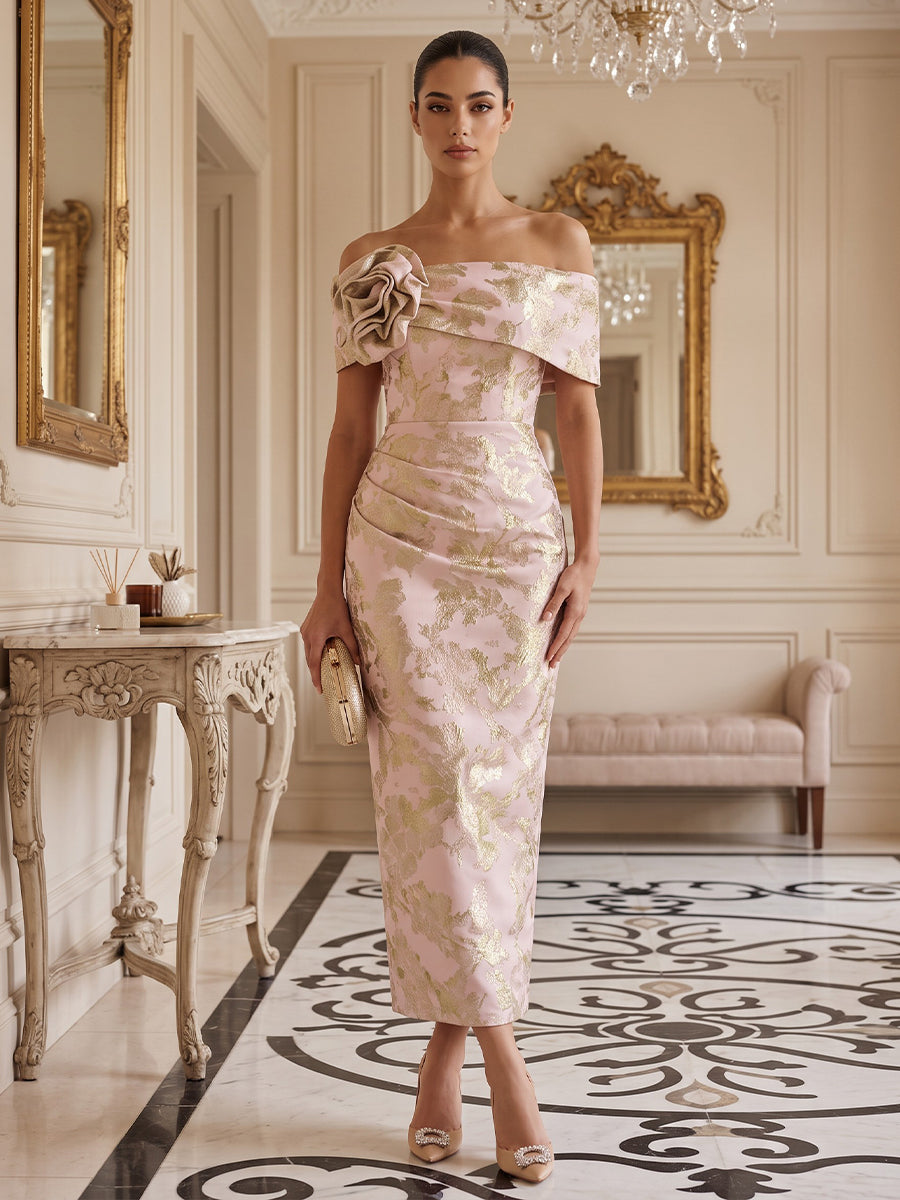 Satin Jacquard Sheath Off the Shoulder Ankle Length Ruched Cocktail Dresses