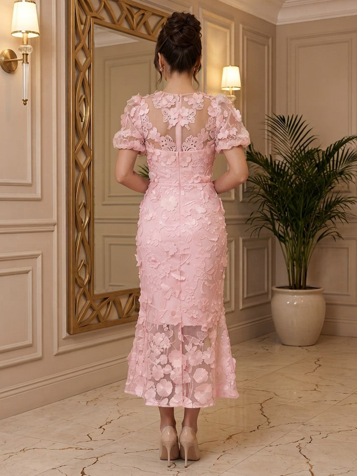Tulle Sheath Round Neck Ankle Length Puff Sleeve Cocktail Dresses