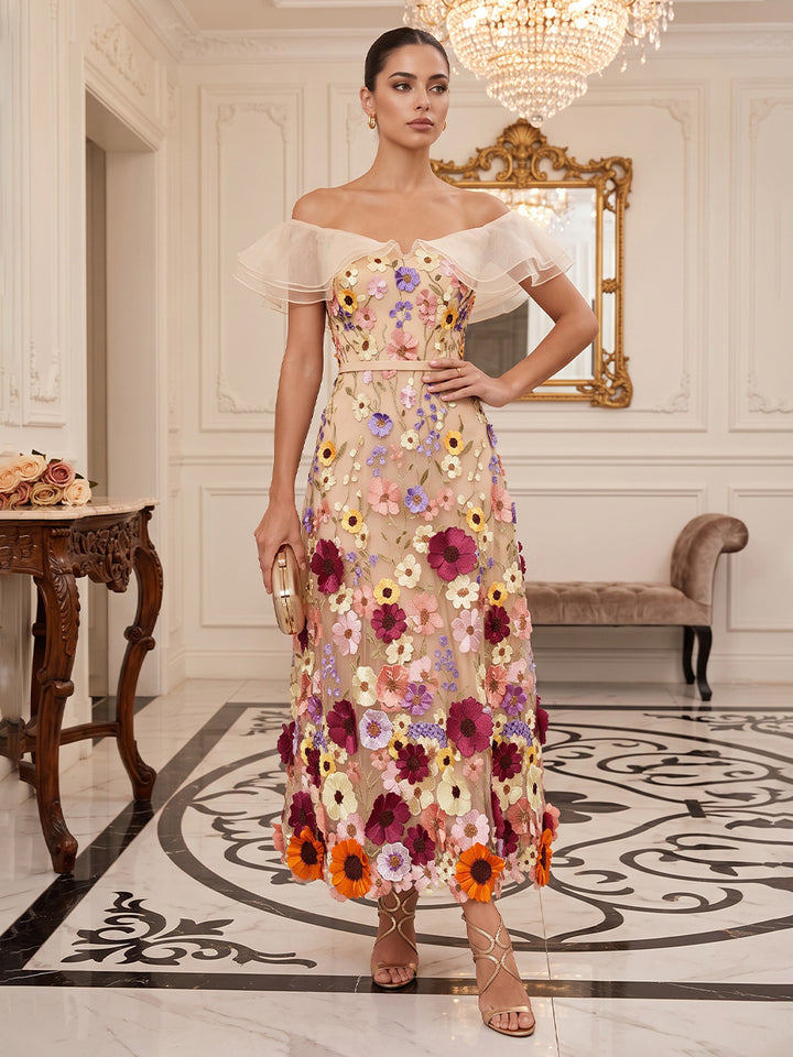 Tulle A Line Off the Shoulder Ankle Length Floral Embroidery Cocktail Dresses