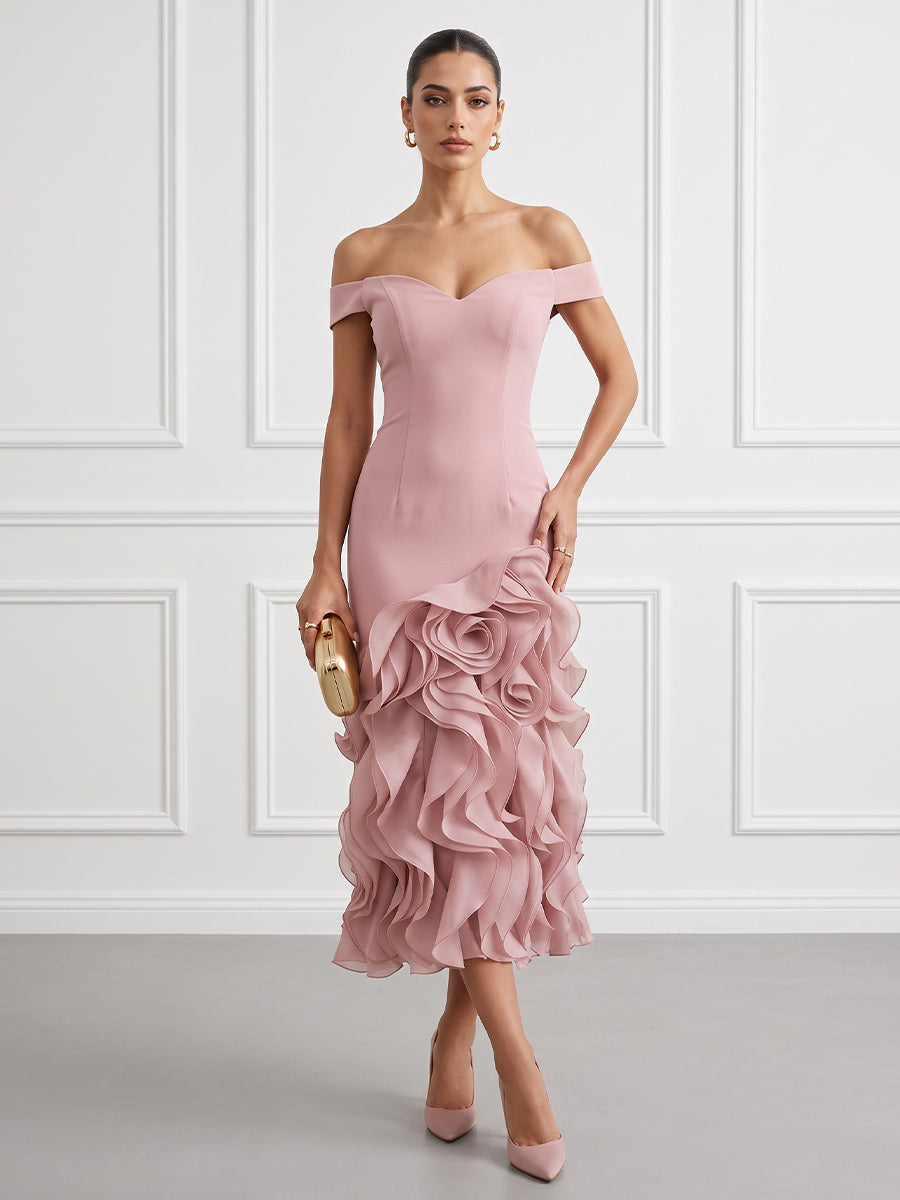 Satin Sheath Off the Shoulder Tea Length Fitted Bodycon Cocktail Dresses