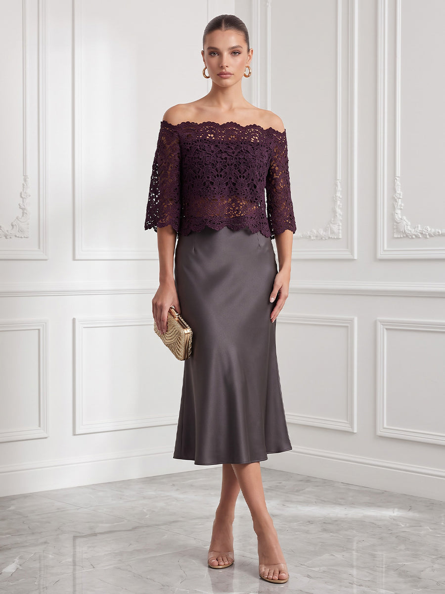 Laces Mermaid Off the Shoulder Tea Length Color Blocked Cocktail Dresses