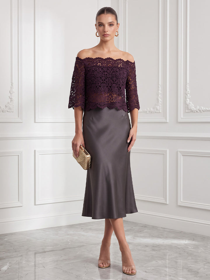 Laces Mermaid Off the Shoulder Tea Length Color Blocked Cocktail Dresses