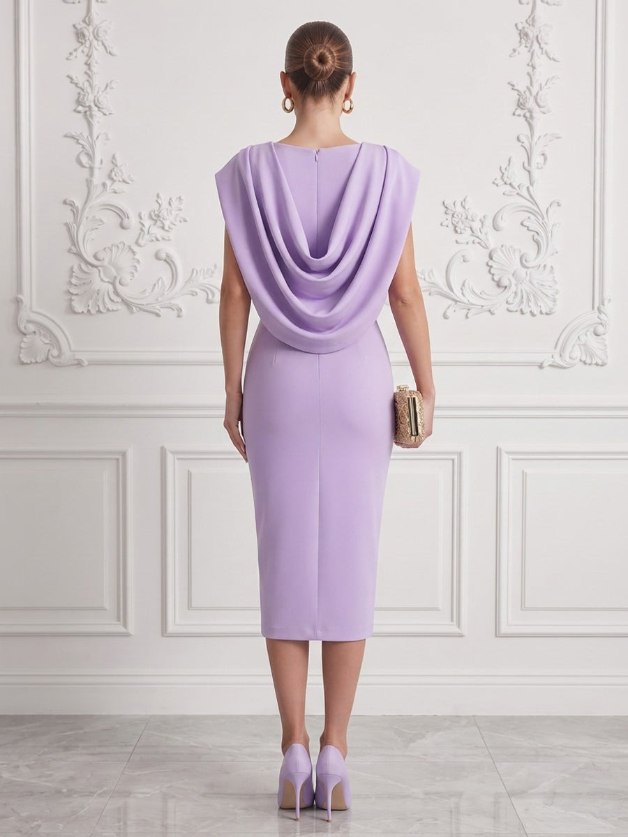 Satin Sheath Cowl Neck Tea Length Fitted Waist Cocktail Dresses