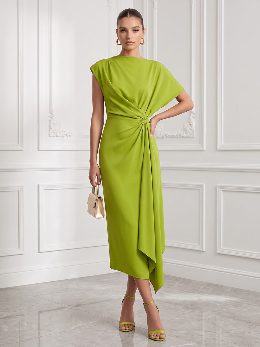 Satin A Line Round Neck Tea Length Ruched Cocktail Dresses