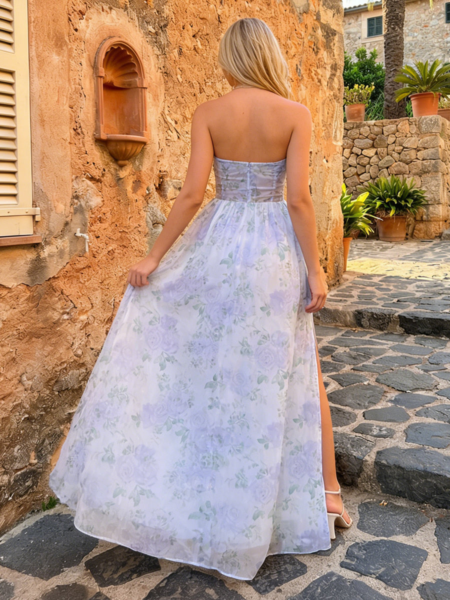 Floral Strapless A Line Formal Dresses with Slit