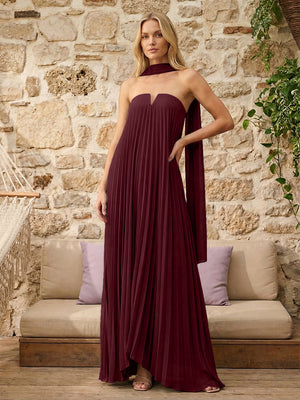 Strapless A Line Pleats Bridesmaid Dresses with Scarf