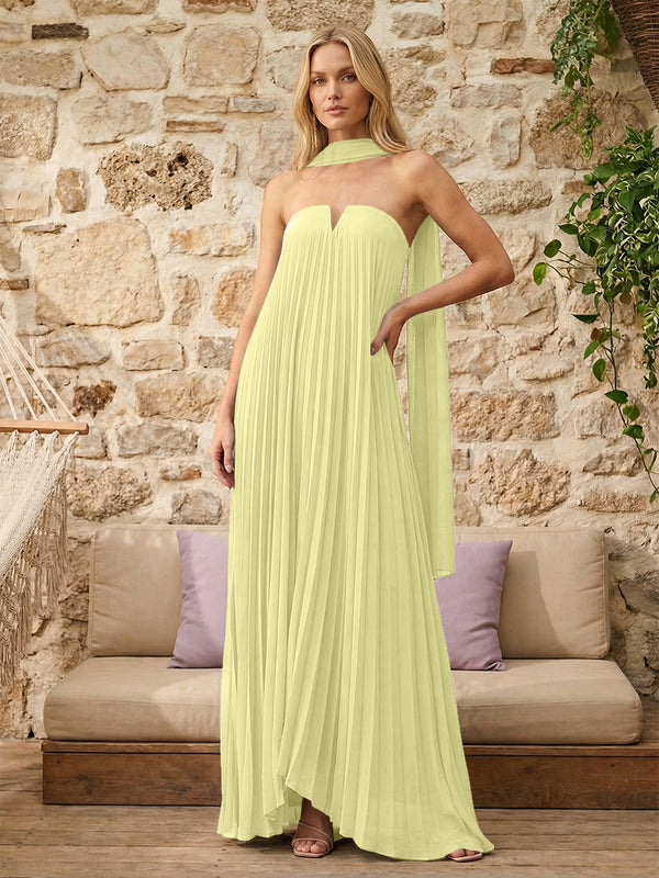Strapless A Line Pleats Bridesmaid Dresses with Scarf