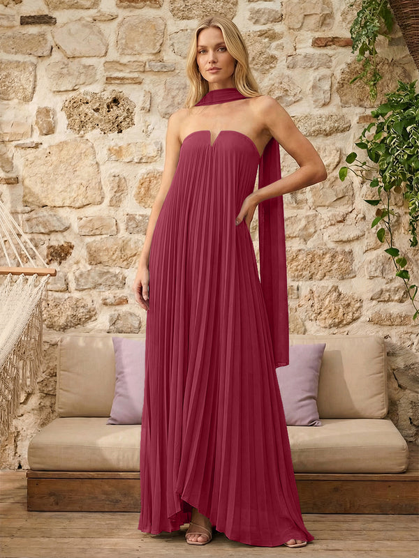 Strapless A Line Pleats Bridesmaid Dresses with Scarf