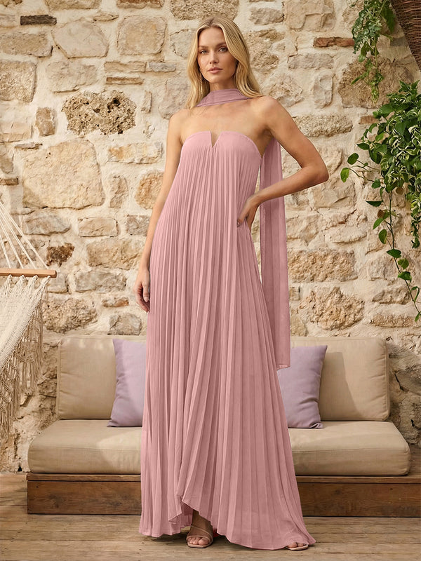 Strapless A Line Pleats Bridesmaid Dresses with Scarf