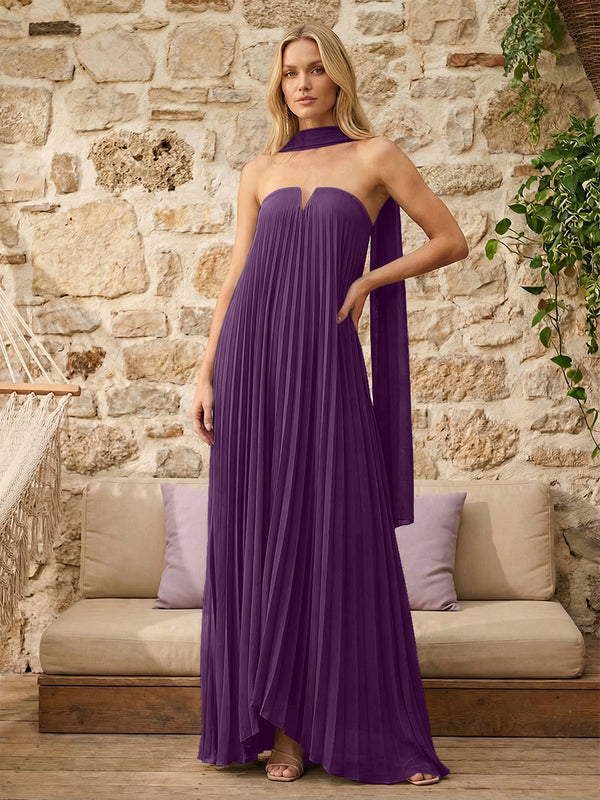 Strapless A Line Pleats Bridesmaid Dresses with Scarf