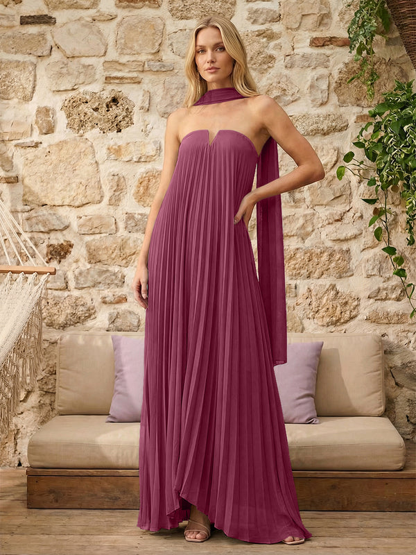 Strapless A Line Pleats Bridesmaid Dresses with Scarf