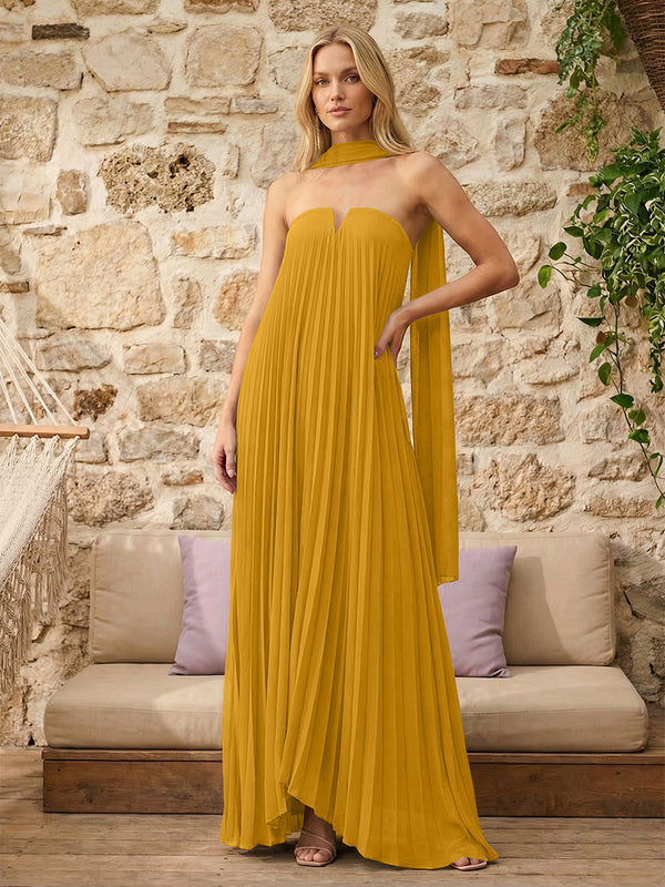 Strapless A Line Pleats Bridesmaid Dresses with Scarf