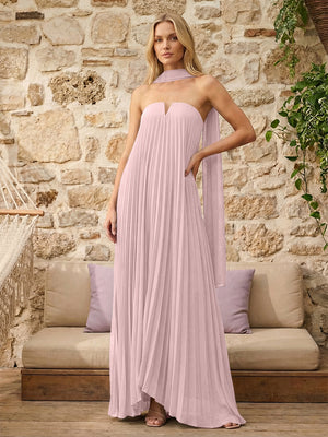 Strapless A Line Pleats Bridesmaid Dresses with Scarf