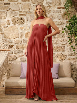 Strapless A Line Pleats Bridesmaid Dresses with Scarf